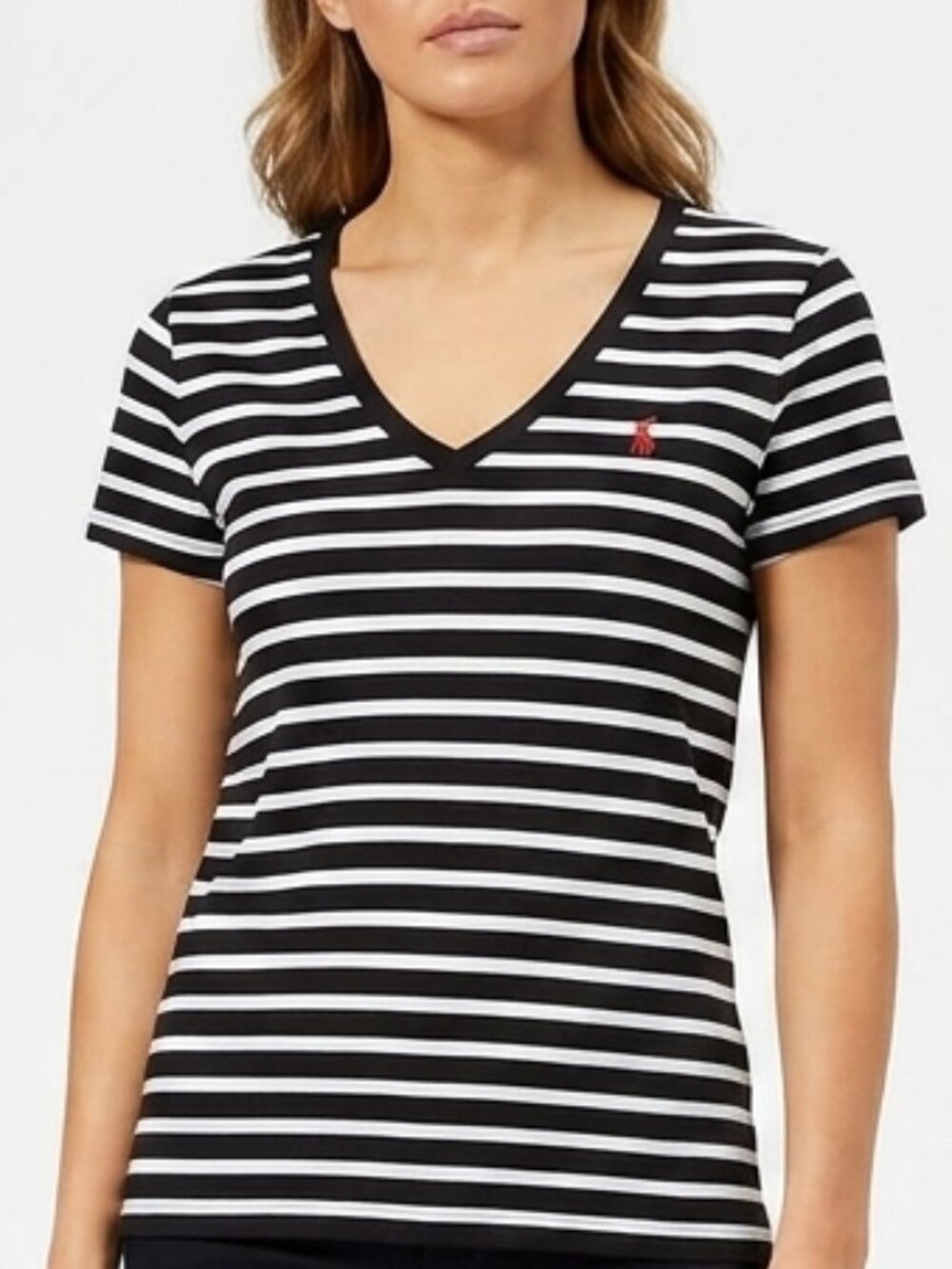 Polo Ralph Lauren Women's Size L Black & White Striped V-Neck Shirt